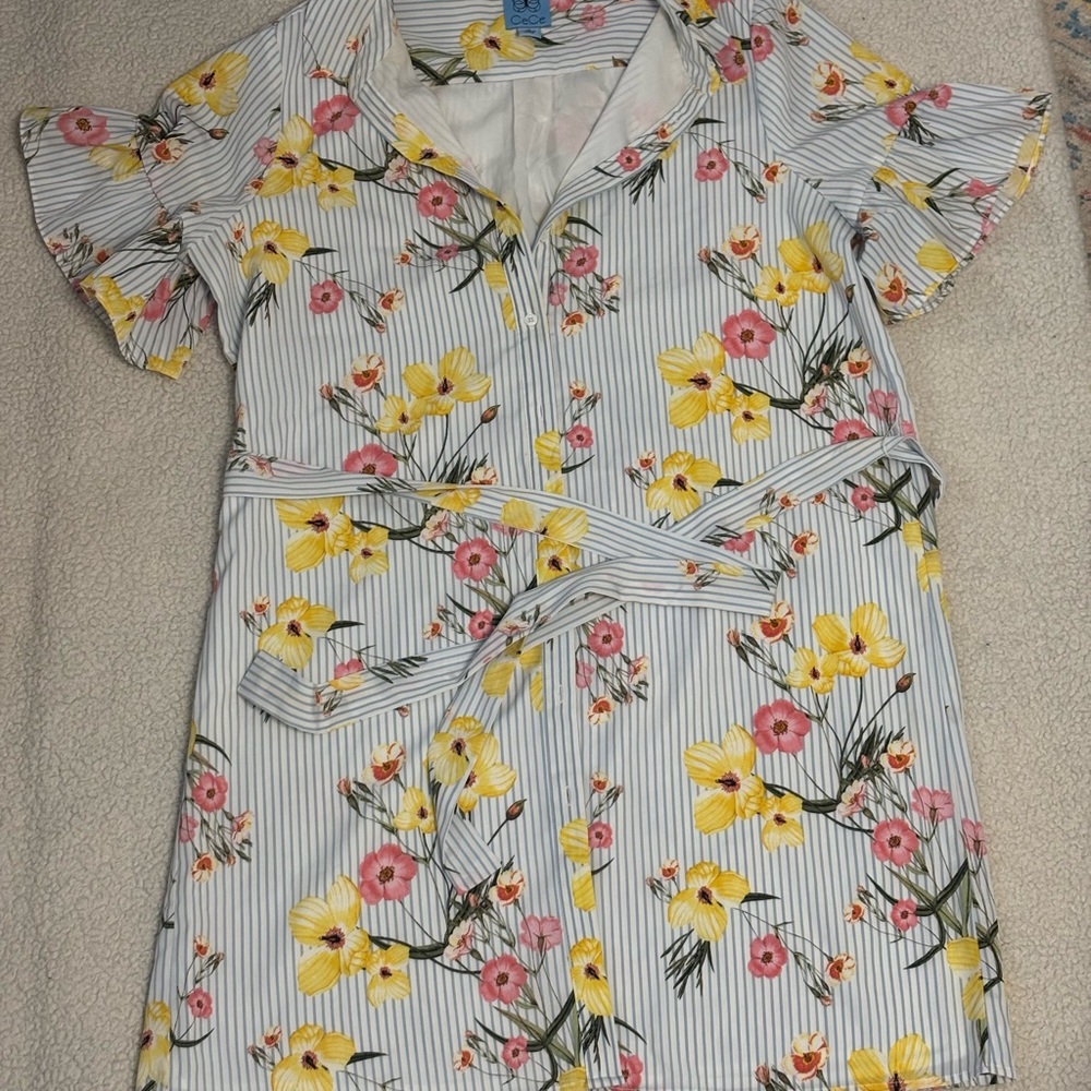 CeCe Yellow and Pink Flutter Sleeve Sundress